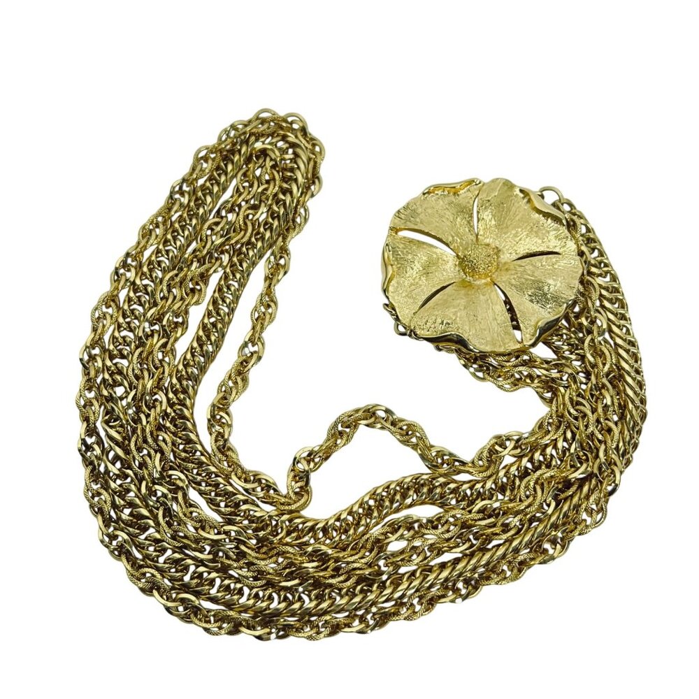 TAN Gold Tone Chunky Triple Strand Necklace With Floral Hook Clasp (5636) - Picture 4 of 6